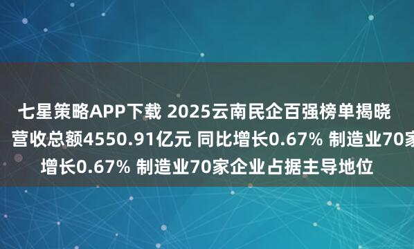 七星策略APP下载 2025云南民企百强榜单揭晓 入围门槛持续提升:营收总额4550.91亿元 同比增长0.67% 制造业70家企业占据主导地位